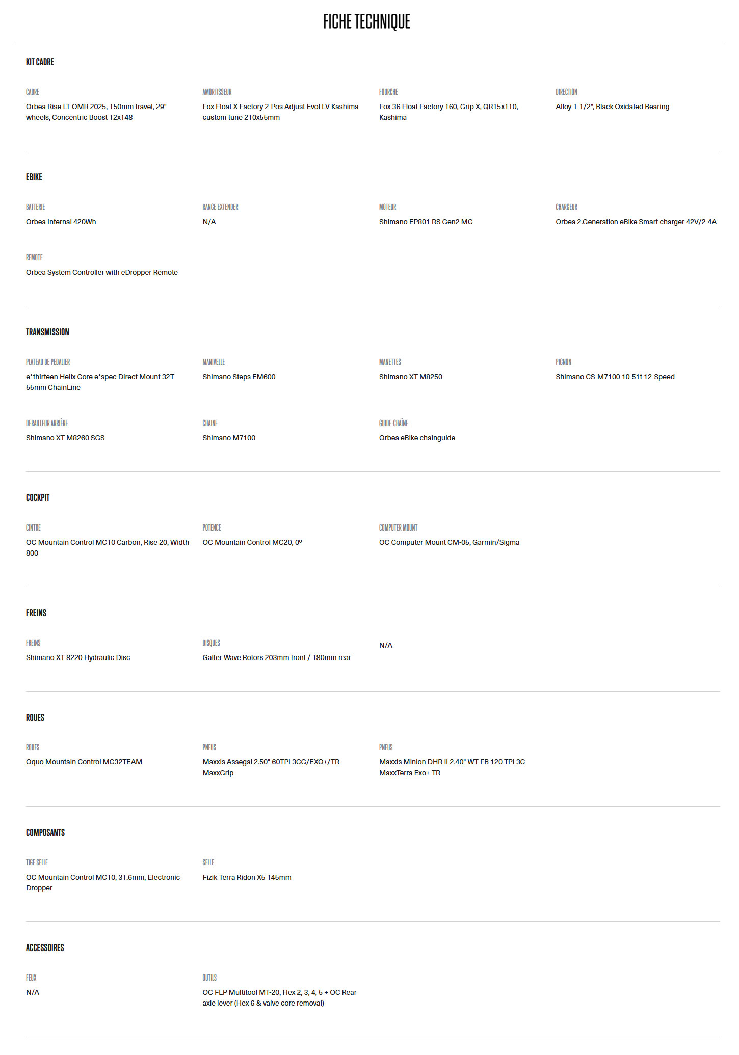 Caracteristique technique du Vélo électrique Rise LT M10 année 2026
